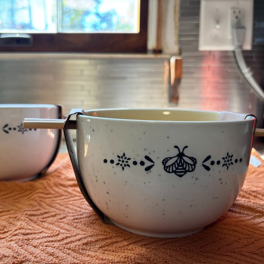 (2) Big Bowls and Chopstick Set with Designs on the Front & Back